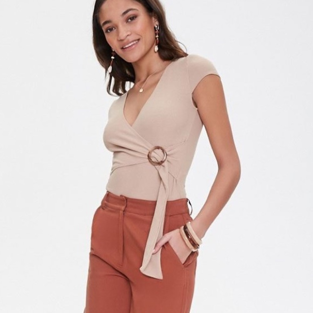 Tan O-Ring Faux Wrap Surplice Bodysuit